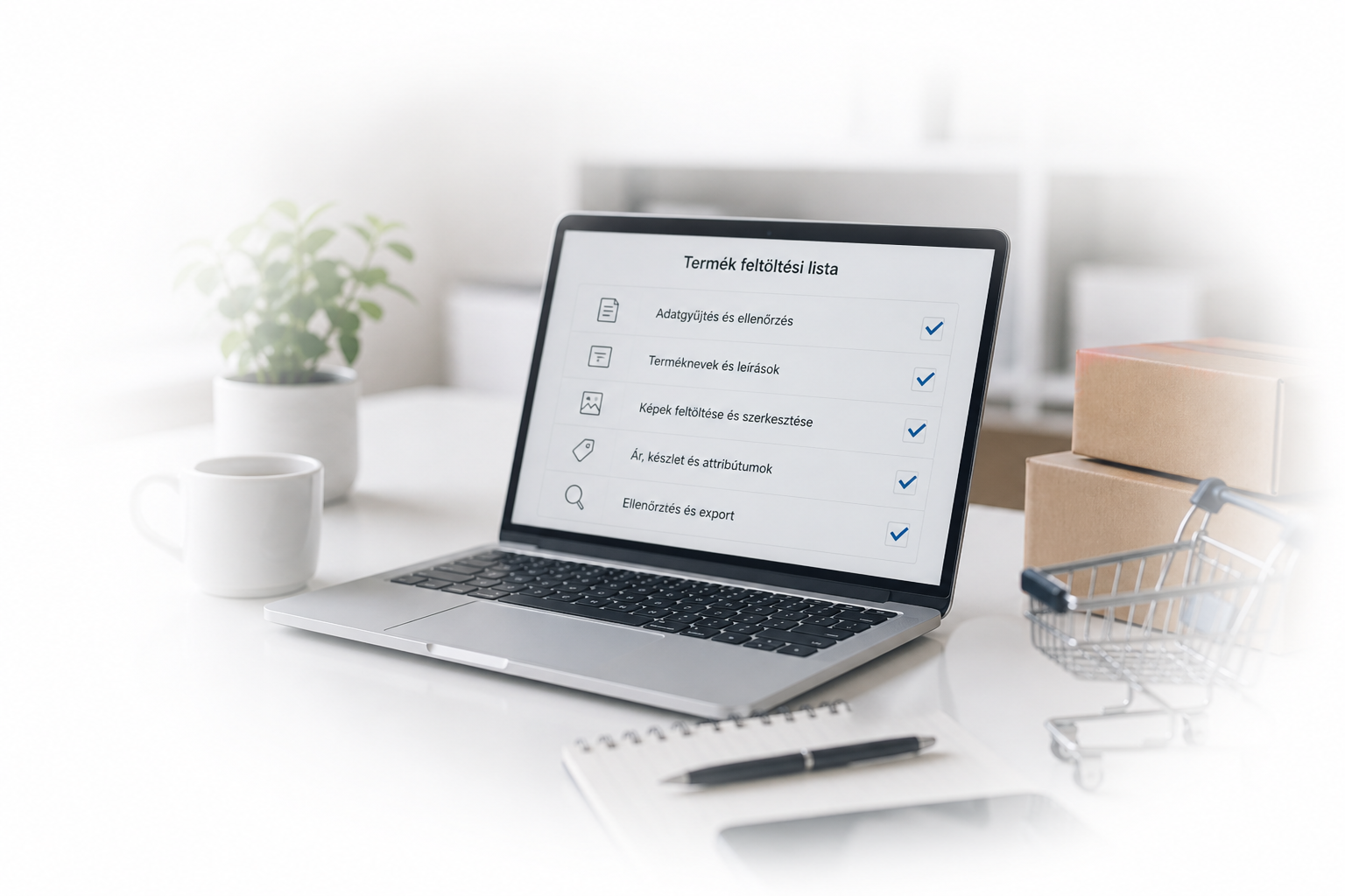 Checklist ikonokkal – adatgyűjtés, nevek, leírások, képek, ár, készlet és attribútumok, ellenőrzőlista a kézi termékfeltöltés részeként