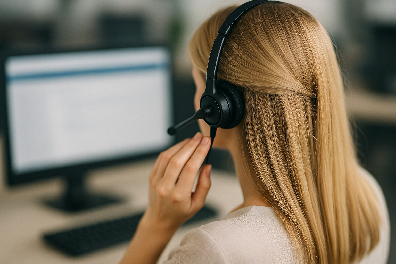 Fotorealisztikus kép egy szőke női asszisztensről, headsettel a fején, hátulról ábrázolva, homályos irodai háttérrel, szimbolizálva a virtuális asszisztens ügyféltámogatási munkáját.