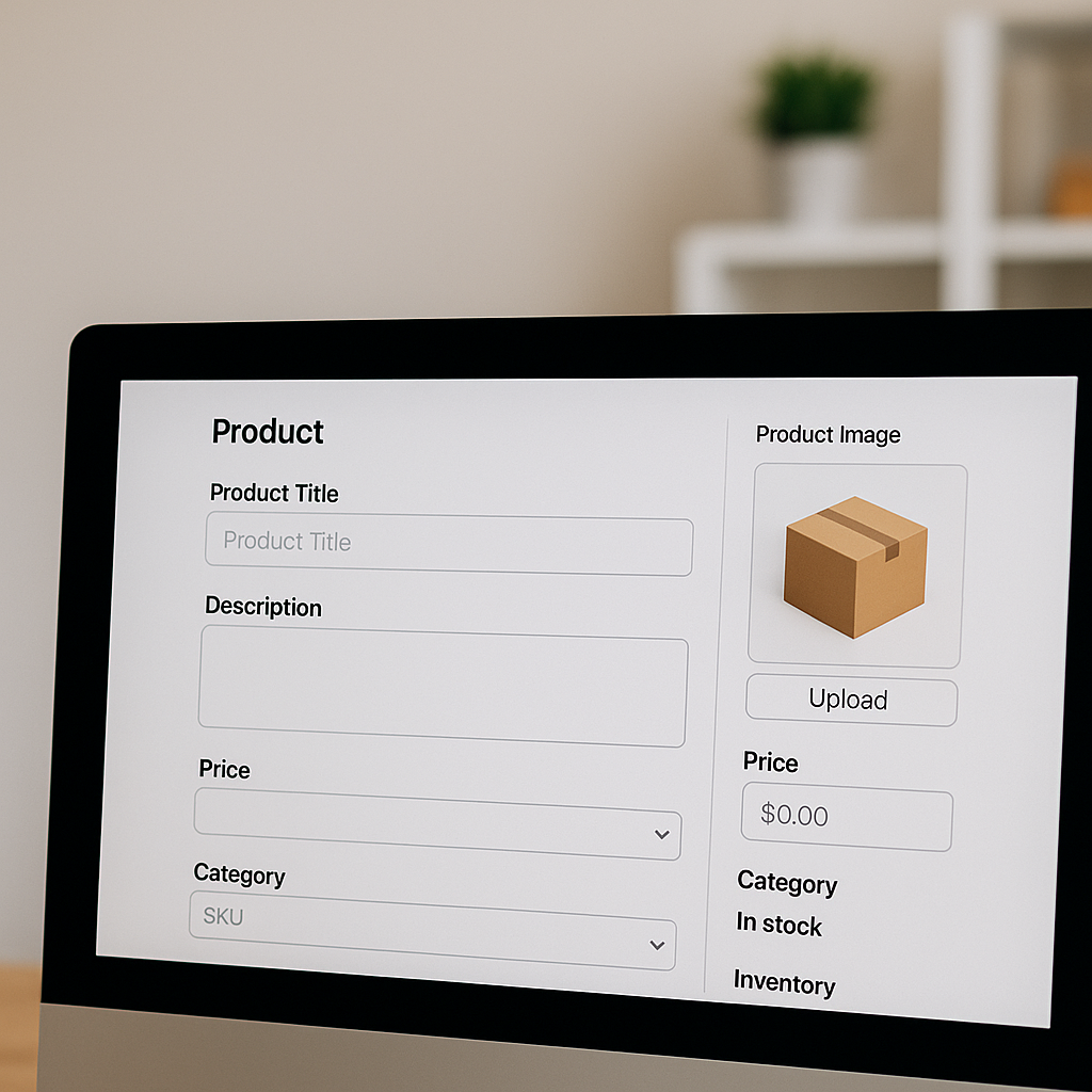 Webshop termékfeltöltő felület képernyőképe, mezőkkel a termék címére, leírására, árra és kategóriára