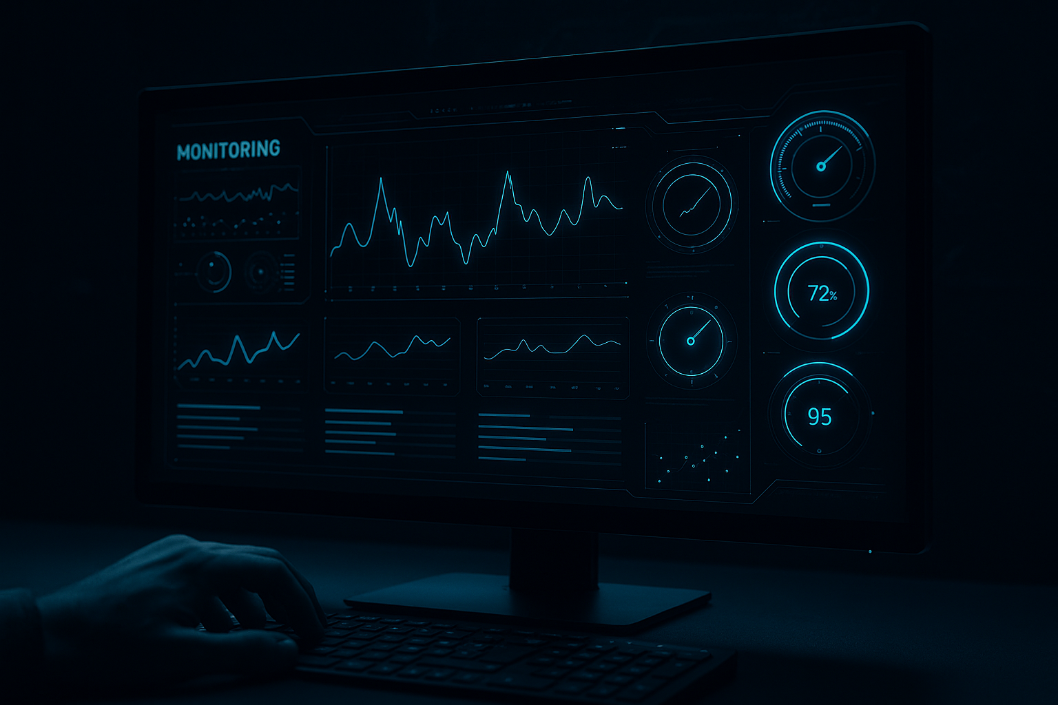Fotorealisztikus kép egy sötét háttér előtt álló monitorról, amelyen kék neon színben világító grafikonok, mérőműszerek és adatok jelennek meg, szimbolizálva a rendszerek folyamatos monitoringját.