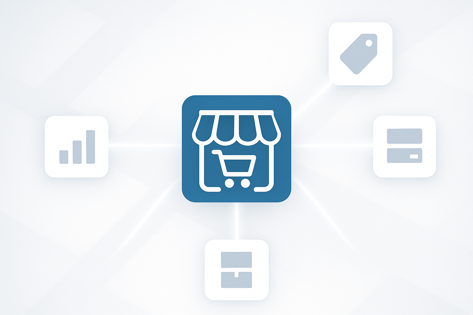 Vektorstílusú illusztráció központi webshop ikonnal, amelyhez fényvonalakon keresztül kapcsolódnak beszállítói ikonok, szimbolizálva az árak, készletek és rendelések egységes adatáramlását a dropshipping integrációban.