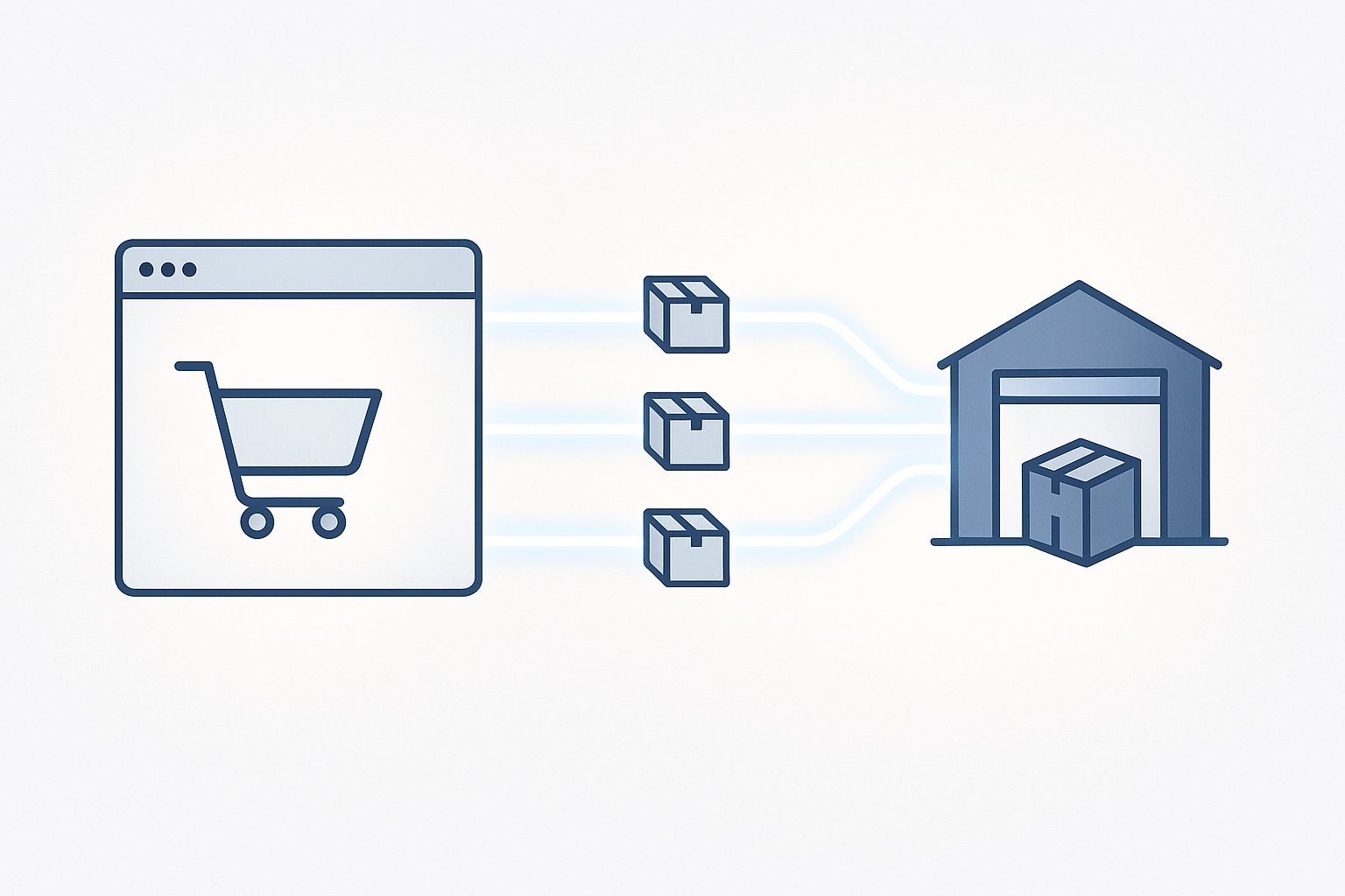 Digitális illusztráció fénycsíkokon áramló kosár- és csomagikonokkal, amelyek a webshopból a beszállító rendszerébe jutnak, szimbolizálva az automatikus rendeléstovábbítást a dropshipping integrációban.
