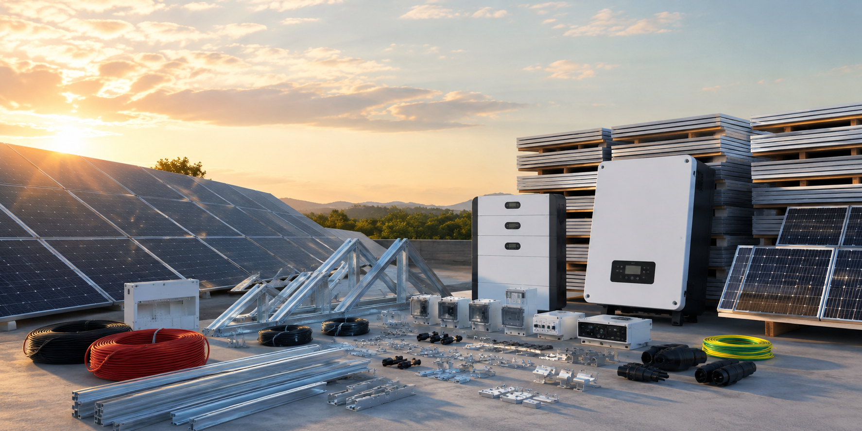 Előtérben szerelősínek, telektromos szerelvények, inverterek, energiatároló akkumulátorok, háttérben több napelem panel, amelyek egy napfényes, kültéri ipari környezetben vannak elrendezve.