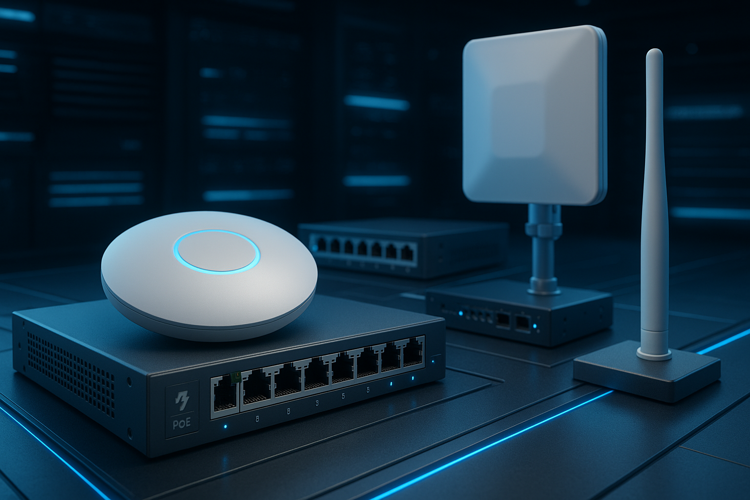 3D-s futurisztikus jelenet, amelyen hálózati eszközök – access point, PoE switch, antennák – láthatók modern, kék fényben megvilágított technológiai környezetben.