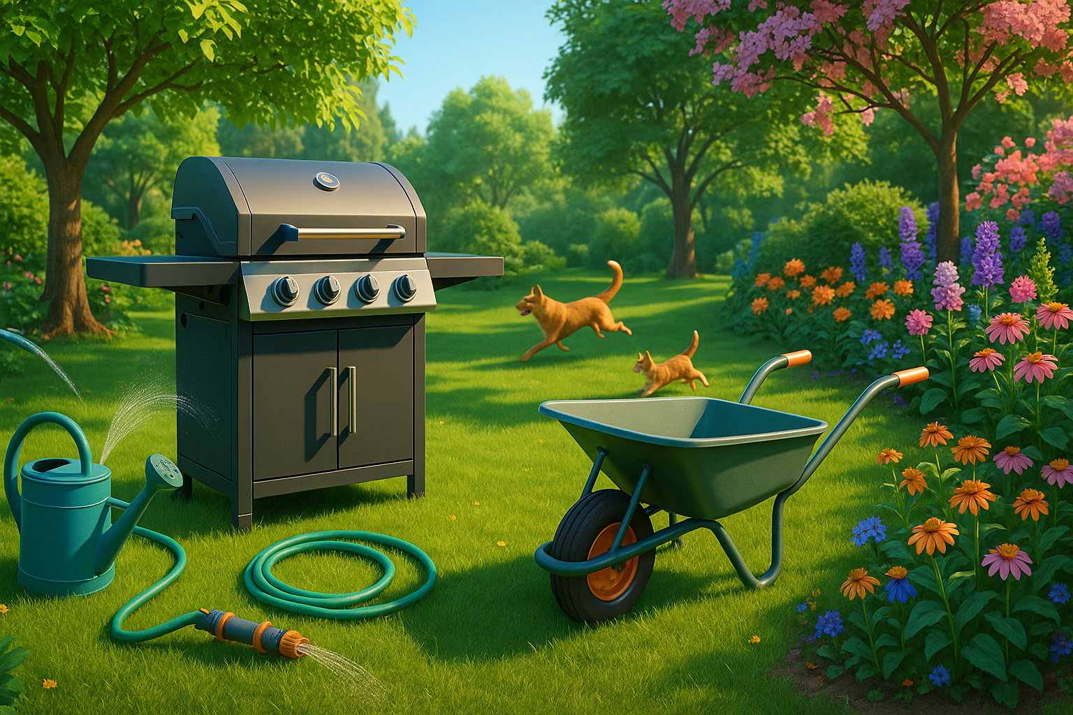 3D-s futurisztikus kertjelenet, gyepfelülettel, fákkal, virágokkal. A középpontban modern grillsütő, mellette locsolókanna, slag és talicska, a háttérben egy kutya és egy cica.