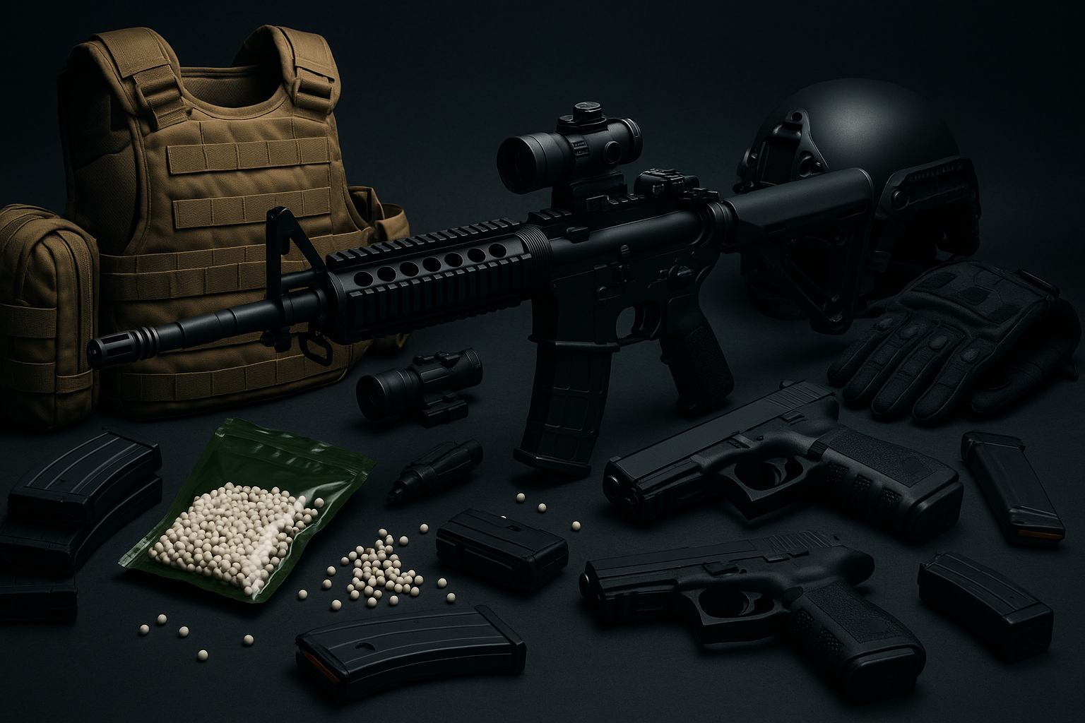 3D-s, futurisztikus hangulatú kép airsoft felszerelésekkel: fekete airsoft fegyver, pisztolyok, tárak, védőmellény, kesztyű, sisak és lövedékek rendezett kompozícióban, szürke háttéren.