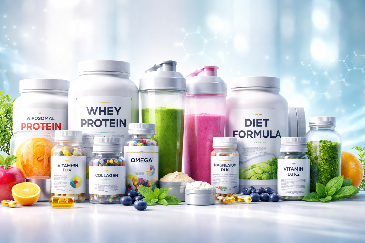 Egészségmegőrzést támogató étrend-kiegészítők, vitaminok, fehérje- és diétás formulák futurisztikus, 3D-s bemutatása világos, modern környezetben.
