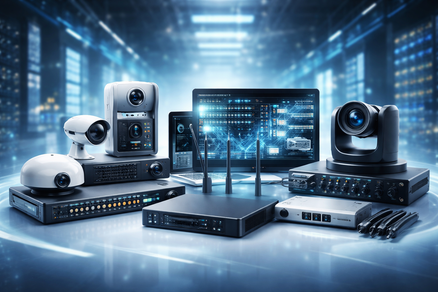 Futurisztikus 3D technológiai borítókép informatikai, hálózati, biztonságtechnikai és audiovizuális eszközökkel nagykereskedelmi környezetben.