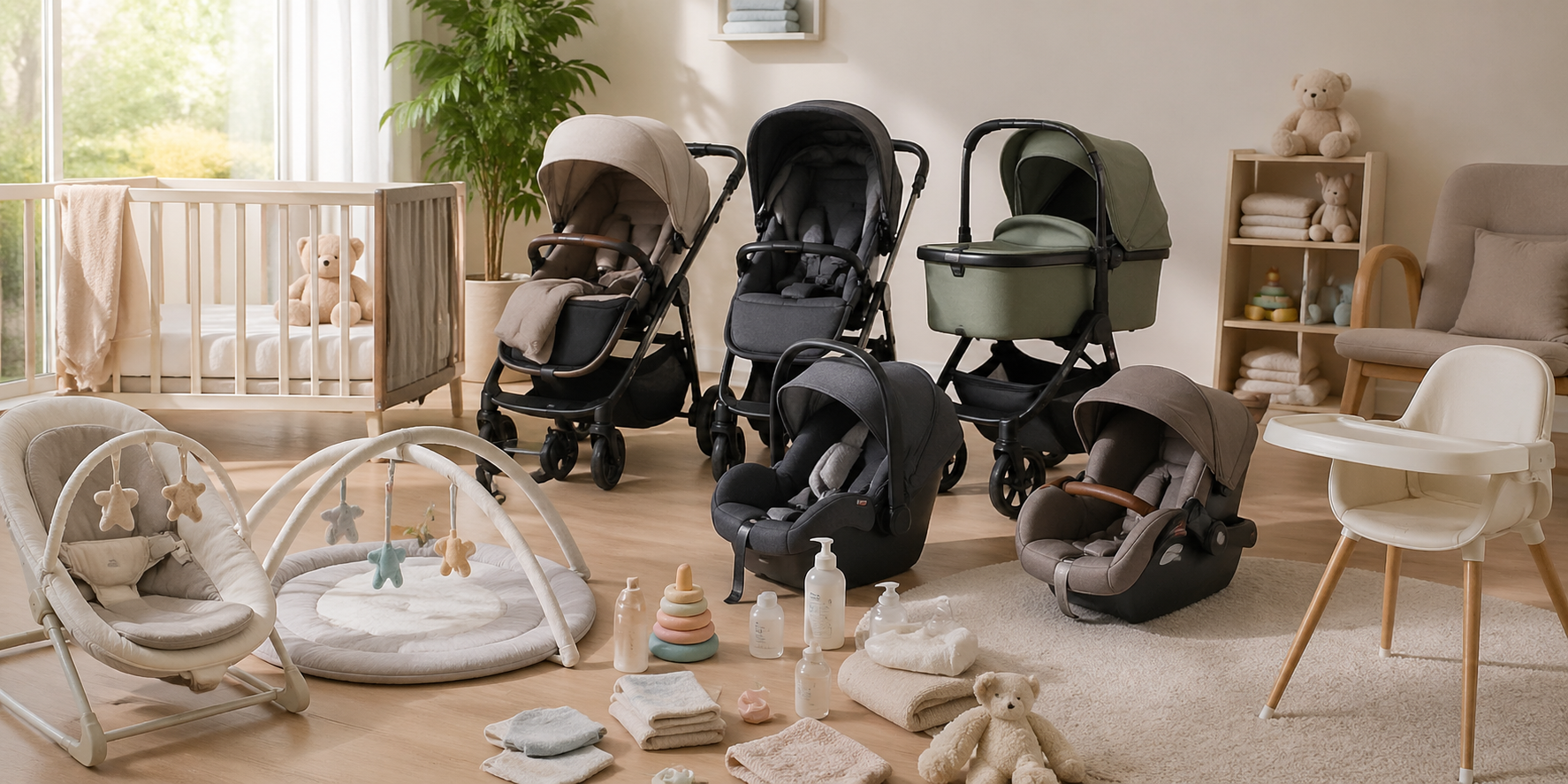 Világos, modern babaszoba enteriőr különböző babakocsikkal, autós gyerekülésekkel, kisággyal és babaápolási termékekkel, rendezett, otthonos környezetben