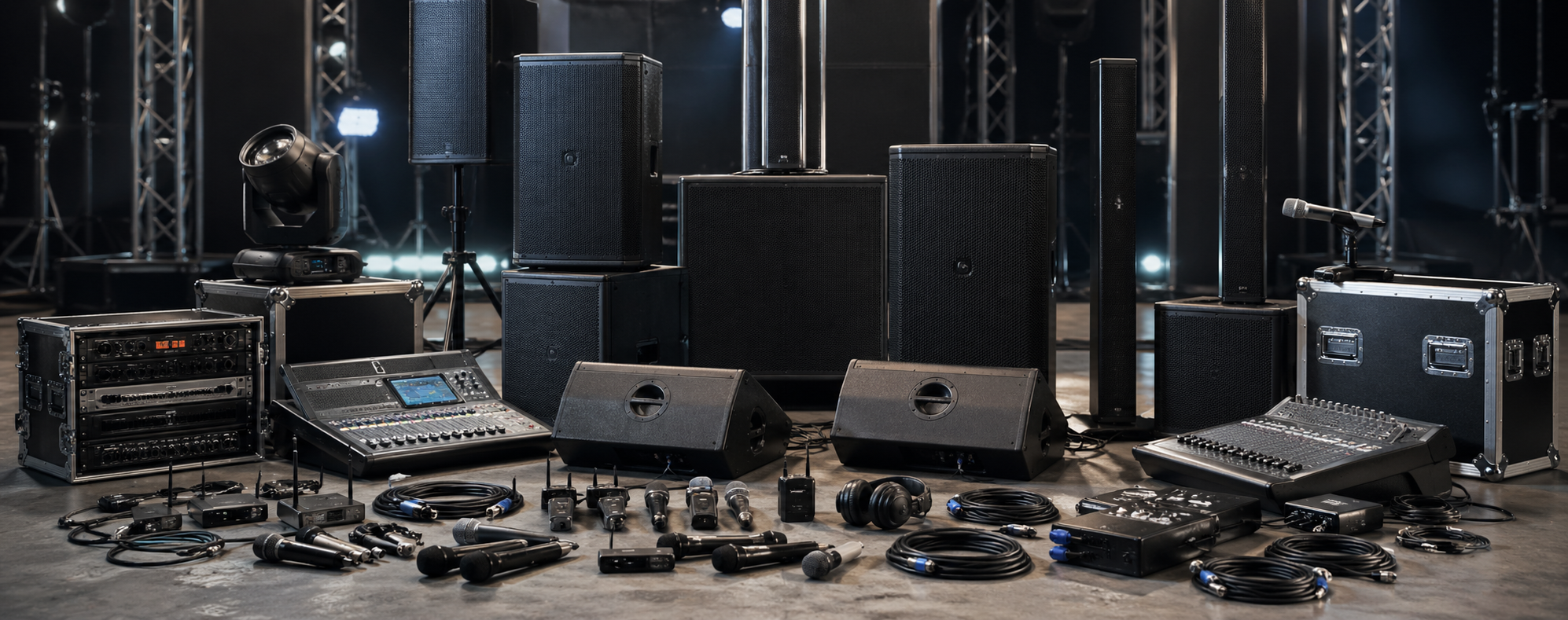 Professzionális hangtechnikai eszközök – hangfalak, keverőpultok, mikrofonok és audio kiegészítők rendezett elrendezésben egy stúdió környezetben, borítókép jelleggel