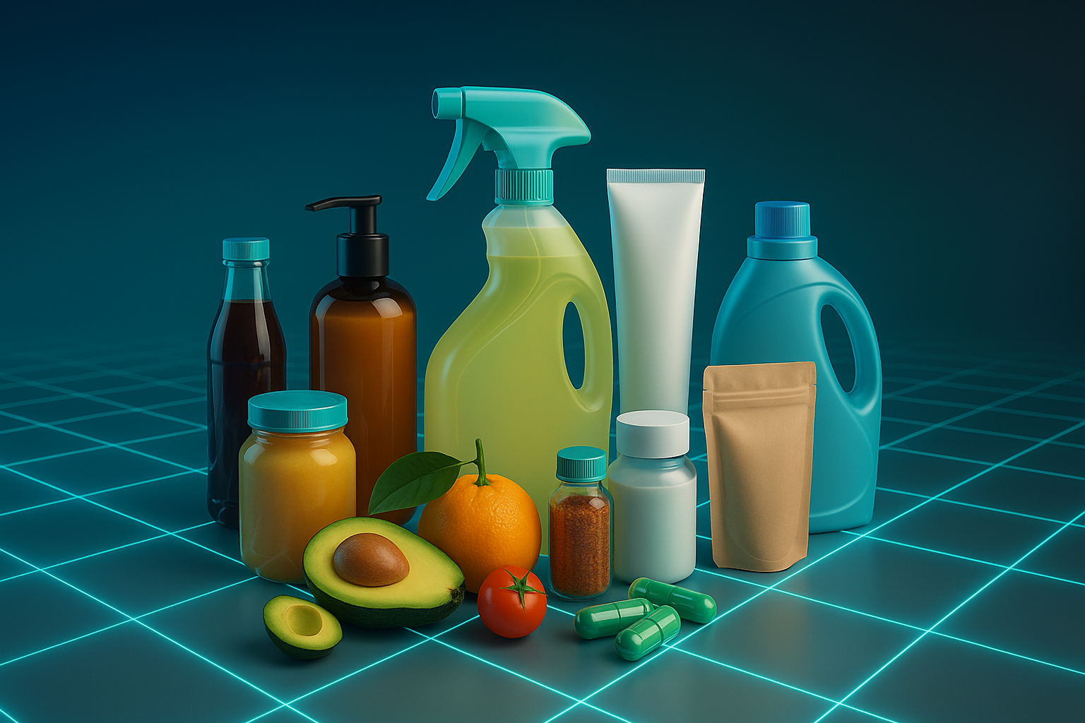 3D futurisztikus kompozíció bio és természetes termékekkel – élelmiszerek, vitaminok, kozmetikumok és háztartási szerek modern, kék neonrácsos háttér előtt.