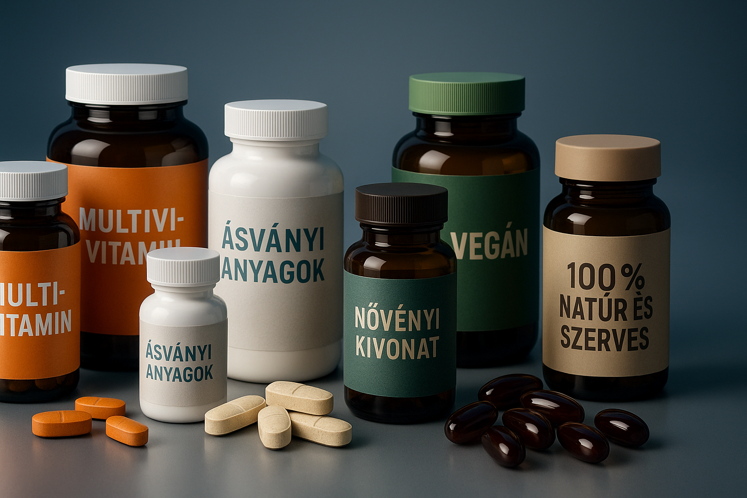 Futurisztikus 3D-s kép, amely különböző vitaminos és étrend-kiegészítős üvegeket, kapszulákat és tablettákat ábrázol modern, letisztult laboratóriumi környezetben, világos háttérrel.