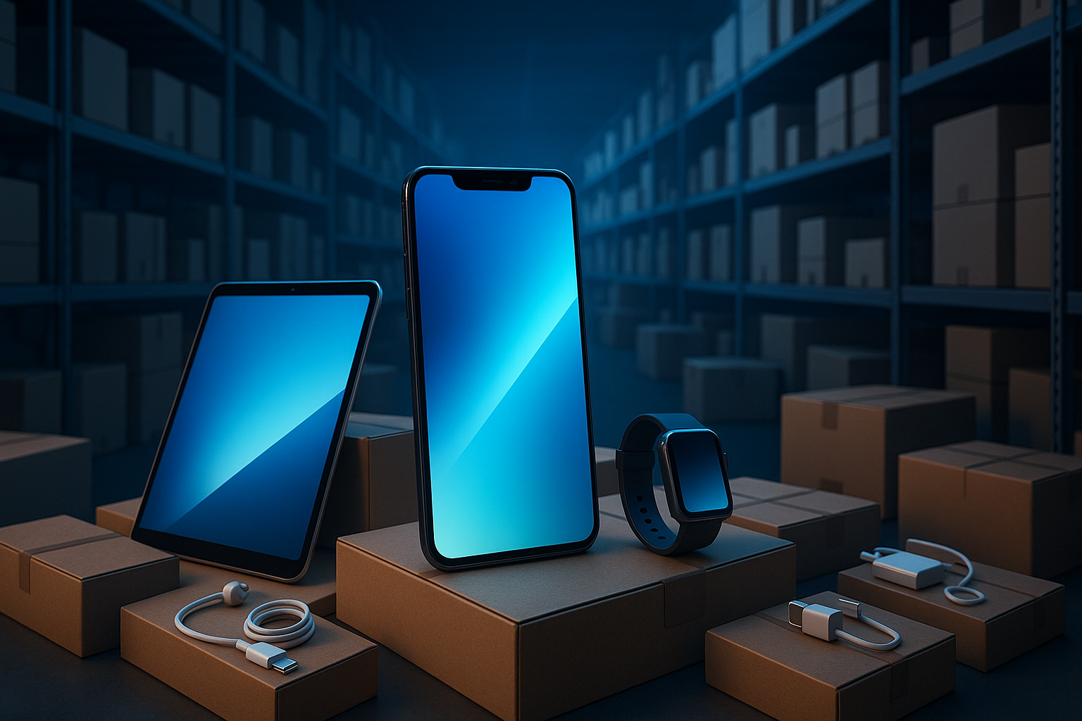 3D illusztráció modern elektronikai nagykereskedésről: raktár polcokon dobozok, előtérben okostelefon, tablet, okosóra és töltőkábelek futurisztikus megvilágításban.