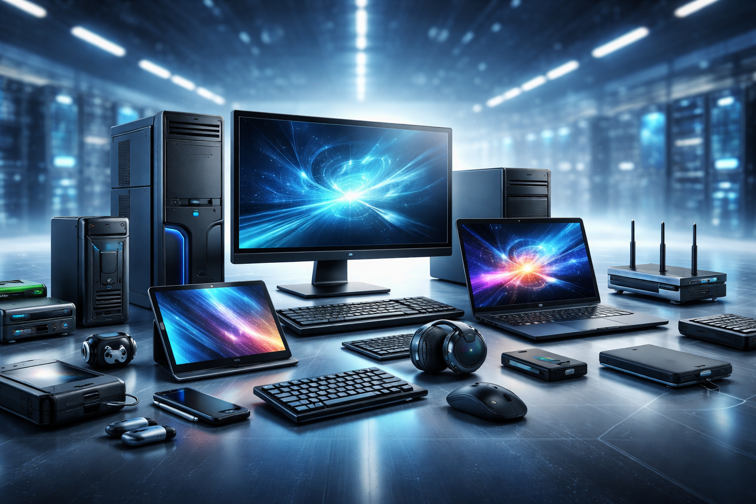 Futurisztikus, 3D megjelenítésű IT-eszközökből álló összeállítás: asztali számítógép, laptop, tablet, monitor, szerverek, hálózati eszközök és perifériák modern, világos technológiai környezetben.