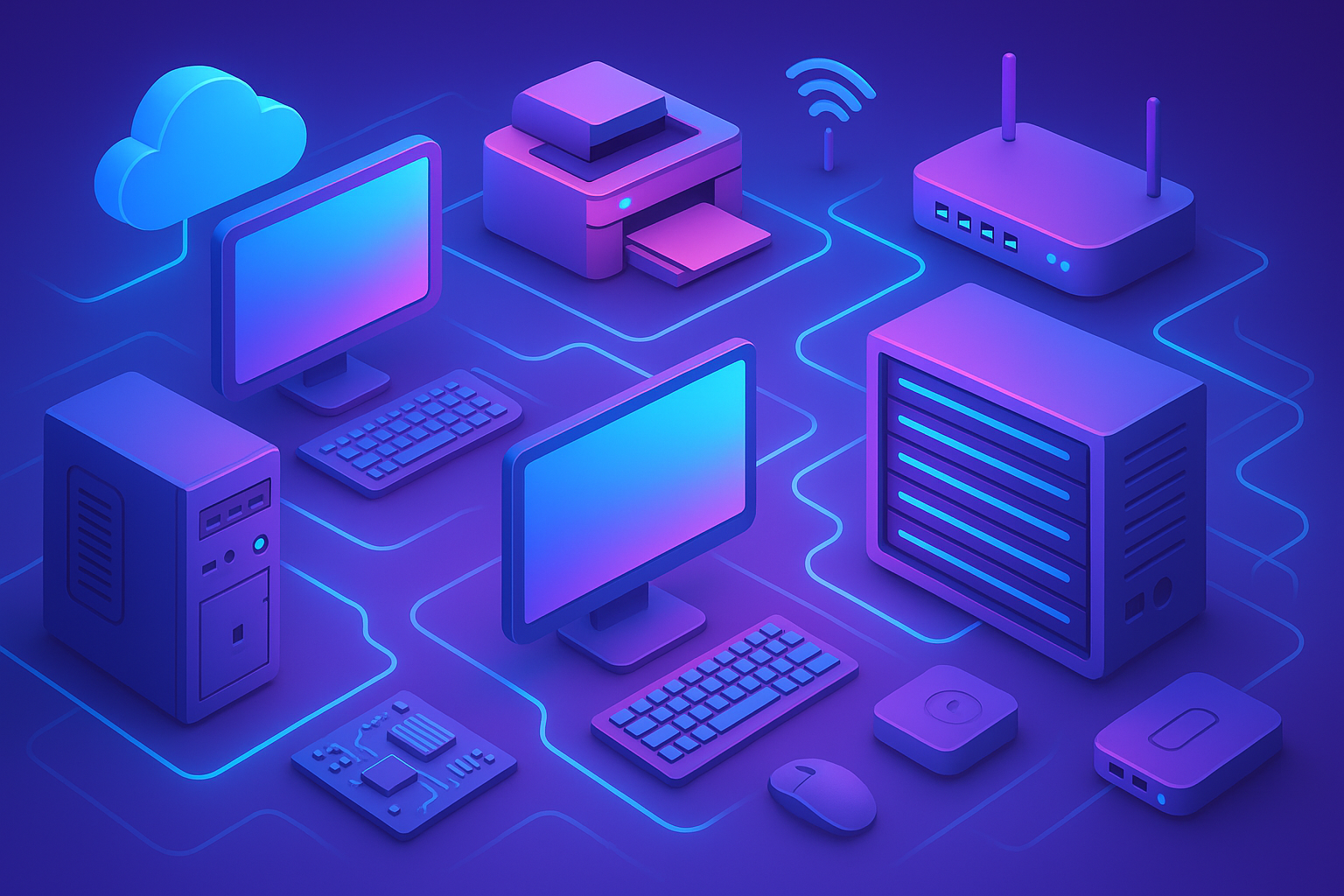 3D illusztráció, amely modern, futurisztikus stílusban ábrázol összekapcsolt informatikai eszközöket – monitorokat, billentyűzeteket, szervert, routert, nyomtatót és felhőikont – kék és lila fényhatásokkal, szimbolizálva a digitális hálózat.