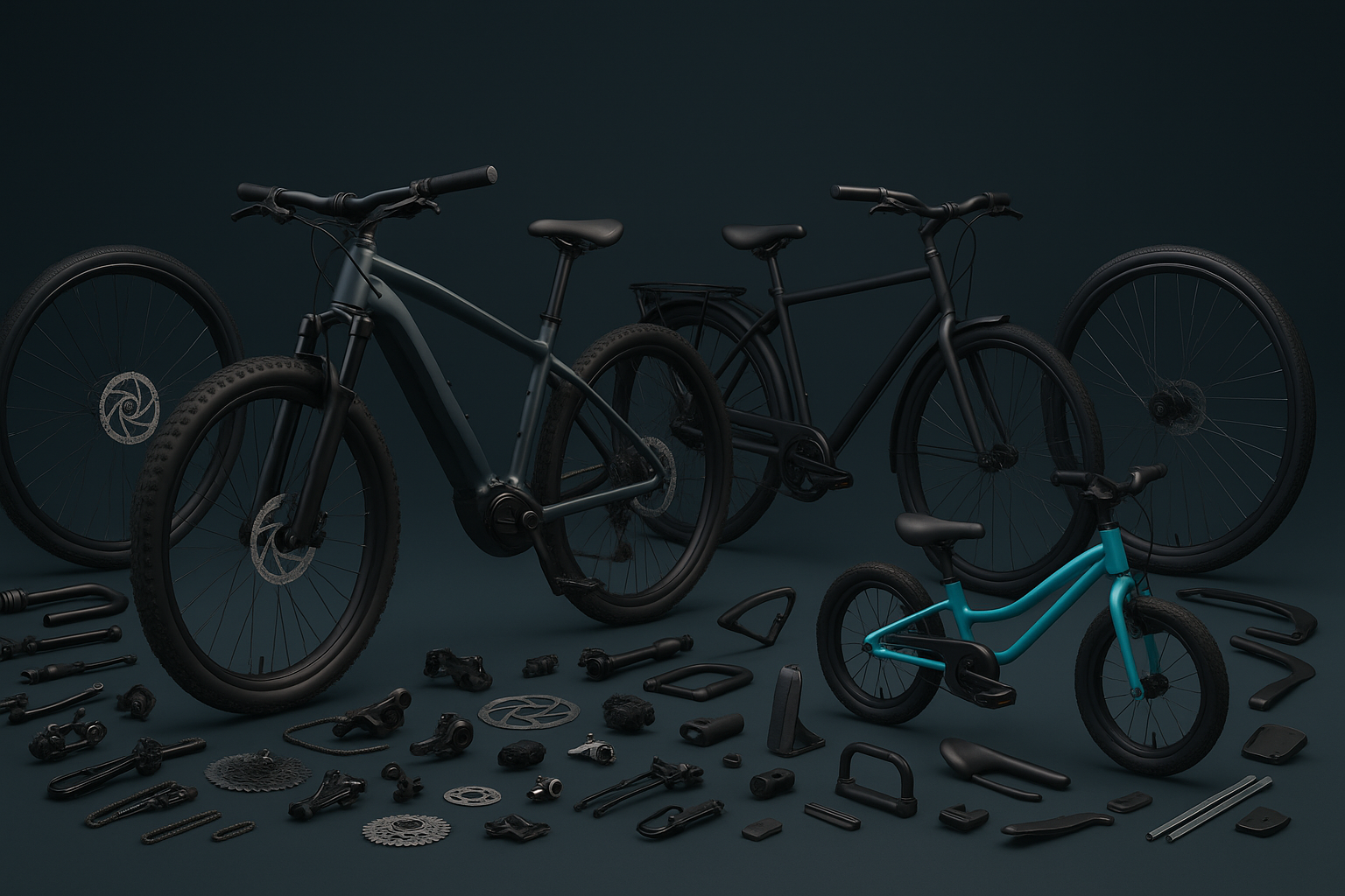 Egy széles kompozíciójú, futurisztikus 3D-s jelenet, amely különböző kerékpárokat – MTB, városi és gyerekbiciklit – valamint kerékpár-alkatrészeket mutat be rendezett elrendezésben, sötétebb, letisztult háttér előtt.