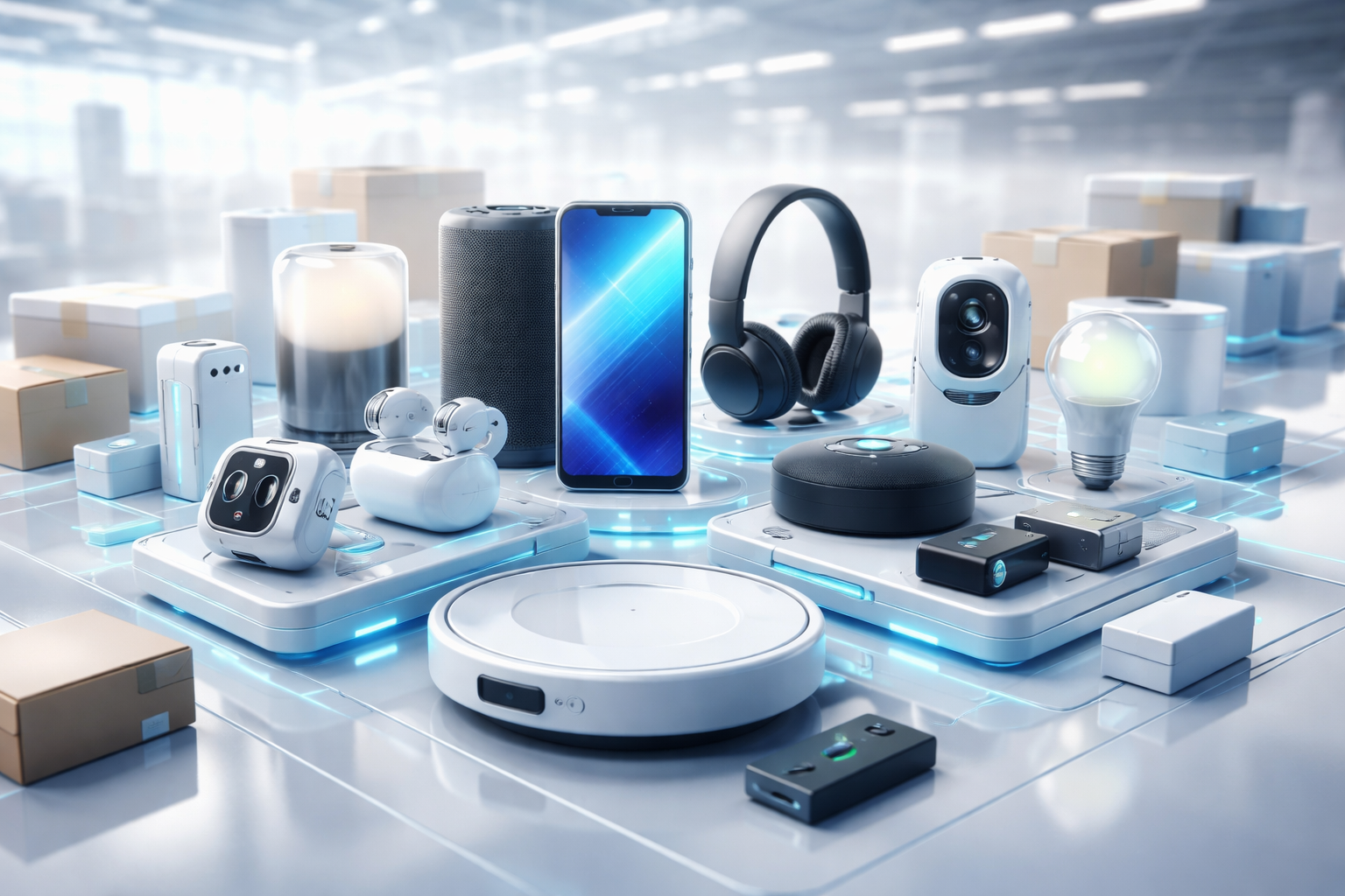 Futurisztikus 3D kompozíció különböző elektronikai eszközökkel, mint okostelefon, vezeték nélküli fülhallgató, hangszóró, fejhallgató és okosotthon kiegészítők, világos, modern környezetben elrendezve.