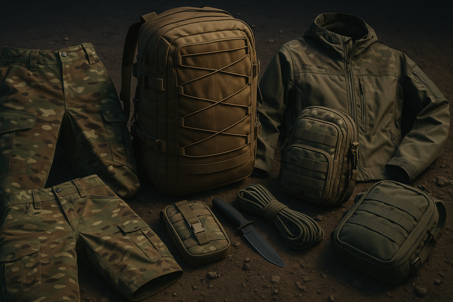 Taktikai ruházatot, hátizsákokat és outdoor felszereléseket bemutató futurisztikus, 3D-s stílusú termékfotó camouflage nadrággal, dzsekivel, hátizsákkal és kiegészítőkkel.