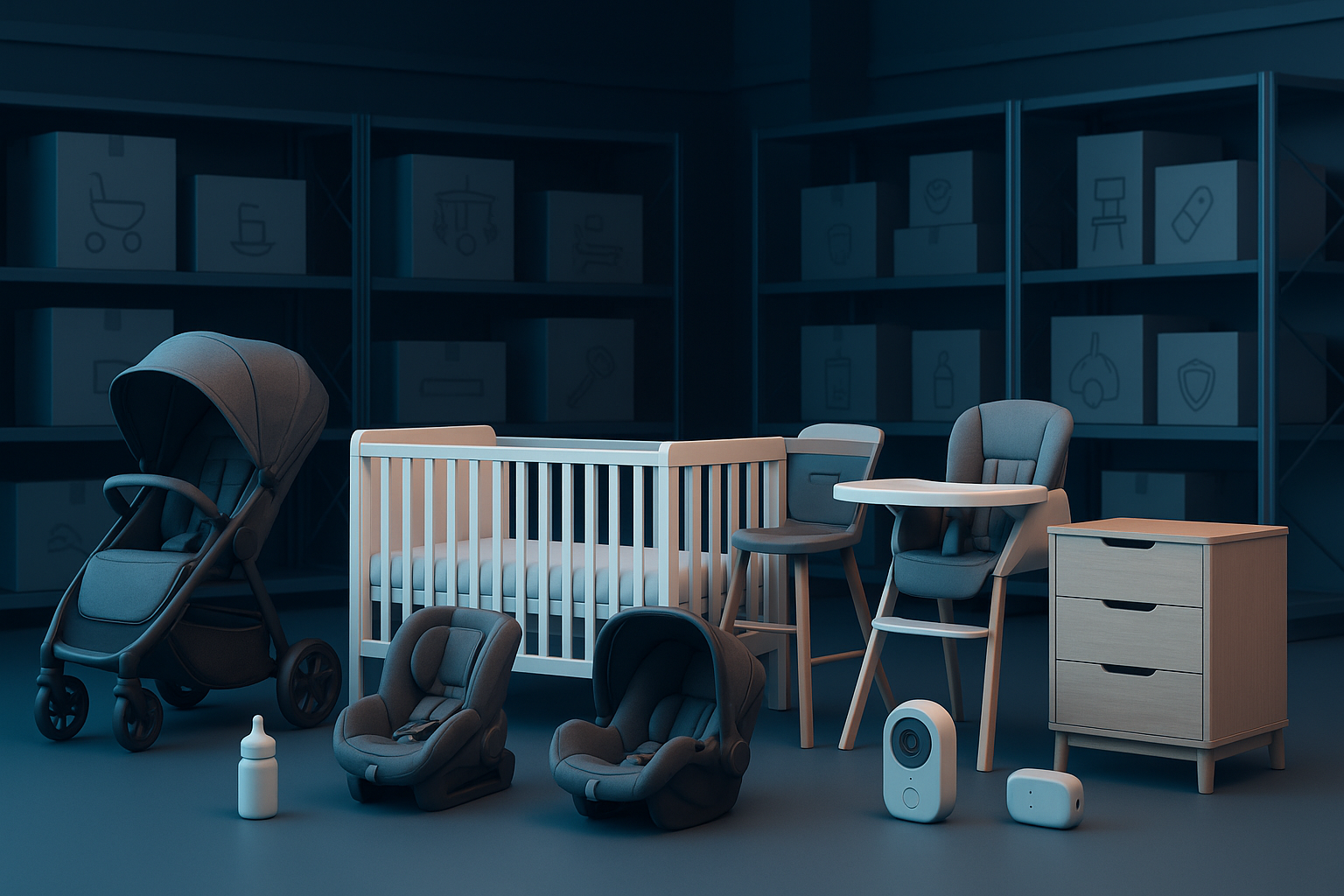 Futurisztikus 3D illusztráció babatermék-nagykereskedésről, babakocsival, gyereküléssel, kisággyal és etetőszékkel modern raktárháttérben.