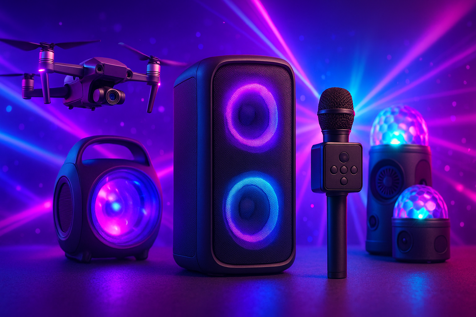 Futurisztikus 3D kép drónnal, karaoke mikrofonnal, hordozható hangszórókkal és partifényekkel, élénk neonlila-kék háttérrel, szórakozást és party-hangulatot középpontba helyezve.