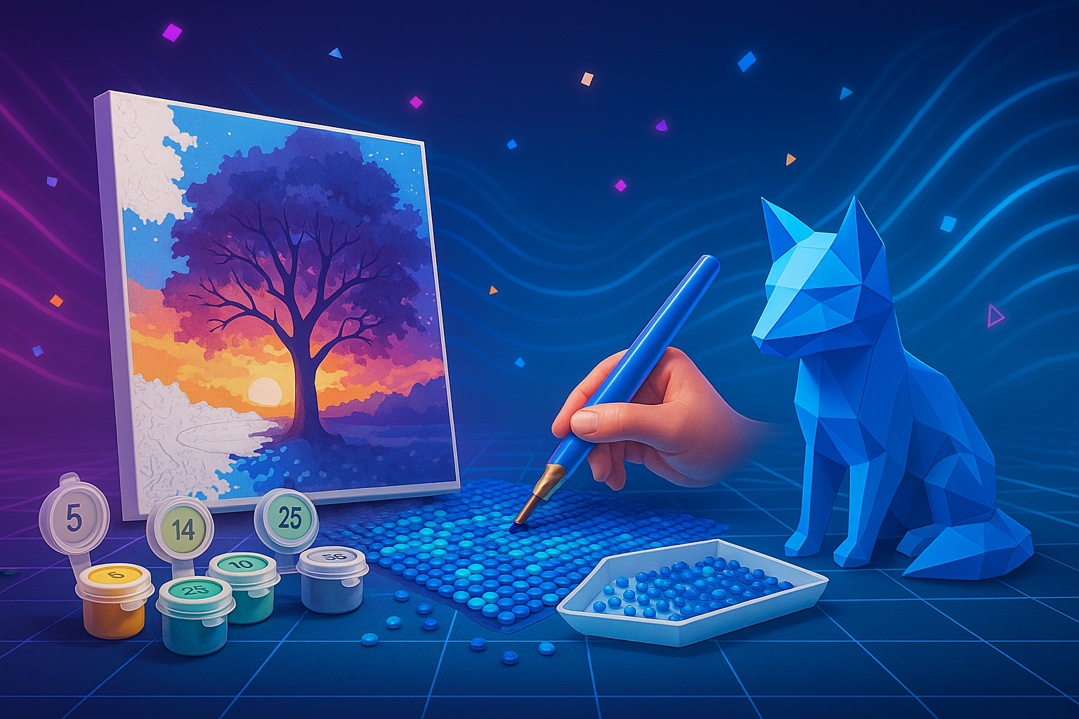 Festés számok alapján és gyémántfestés eszközei egy futurisztikus 3D kompozícióban: vászon, festékes tégelyek, kék gyémántszemek és origami stílusú kék rókafigura.