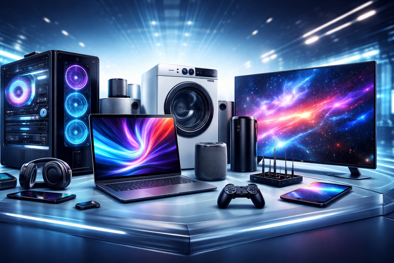 3D-s, futurisztikus borítókép modern elektronikai eszközökről: asztali PC, laptop, okostelefon, televízió, smart home és háztartási készülékek világos, technológiai környezetben.