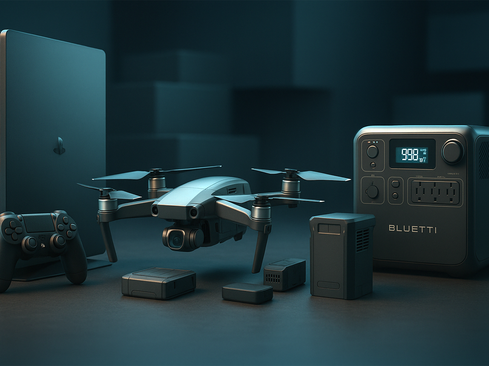 3D futurisztikus illusztráció drónnal, játékkonzollal, kontrollerrel és okos áramforrásokkal egy modern, technológiai környezetben, világos kékes fényben.