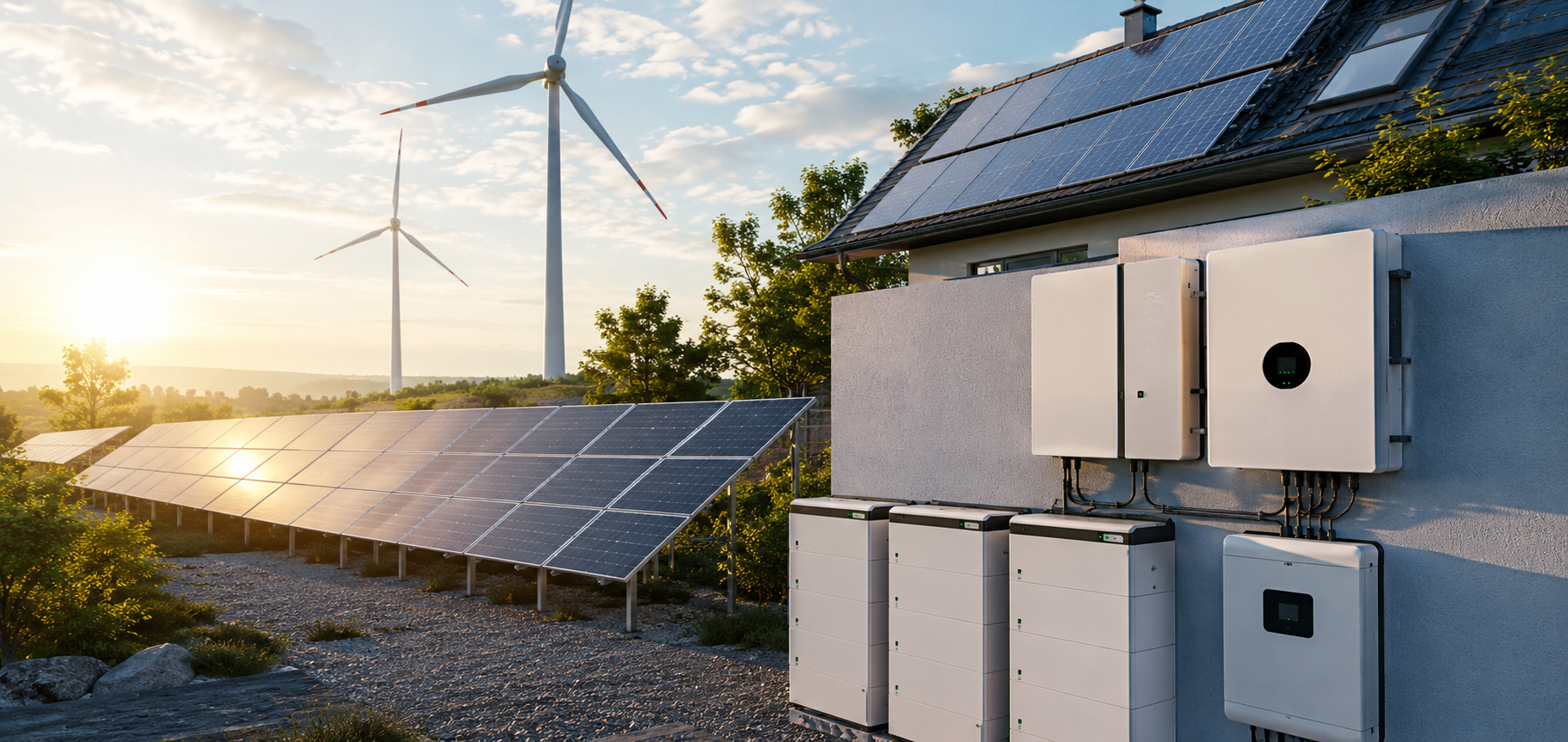 Fotórealisztikus képen egy modern napelemes energiaellátó rendszer látható napelemekkel, inverterekkel és akkumulátoros energiatárolókkal, napfényes környezetben, amely egyértelműen a megújuló energia és a napelemes technológia területét szemlélteti.