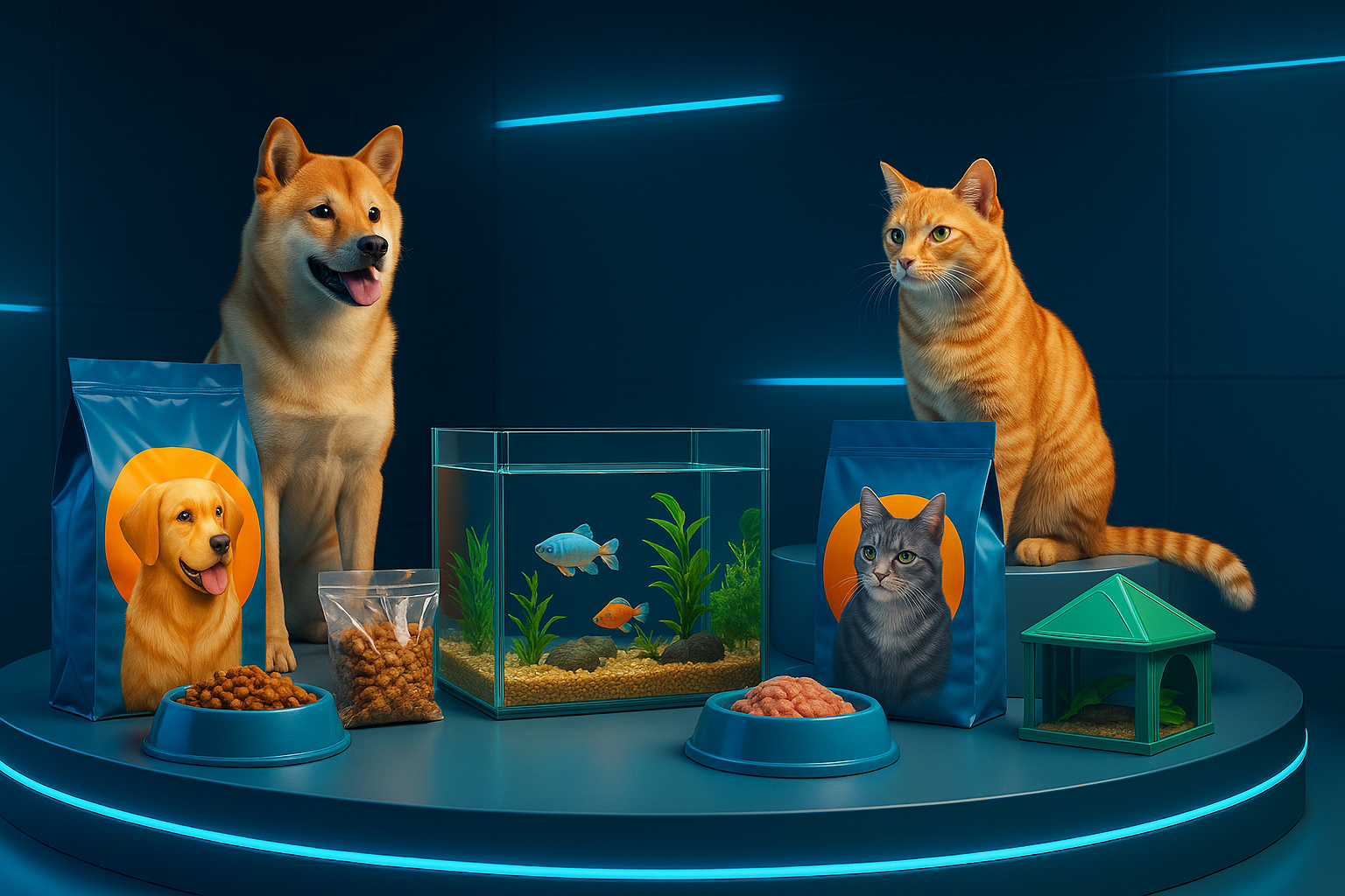 3D-s futurisztikus jelenet kutyával, macskával, akváriummal és állateledel-csomagokkal megvilágított kék háttér előtt, modern pet termékkörnyezetben.
