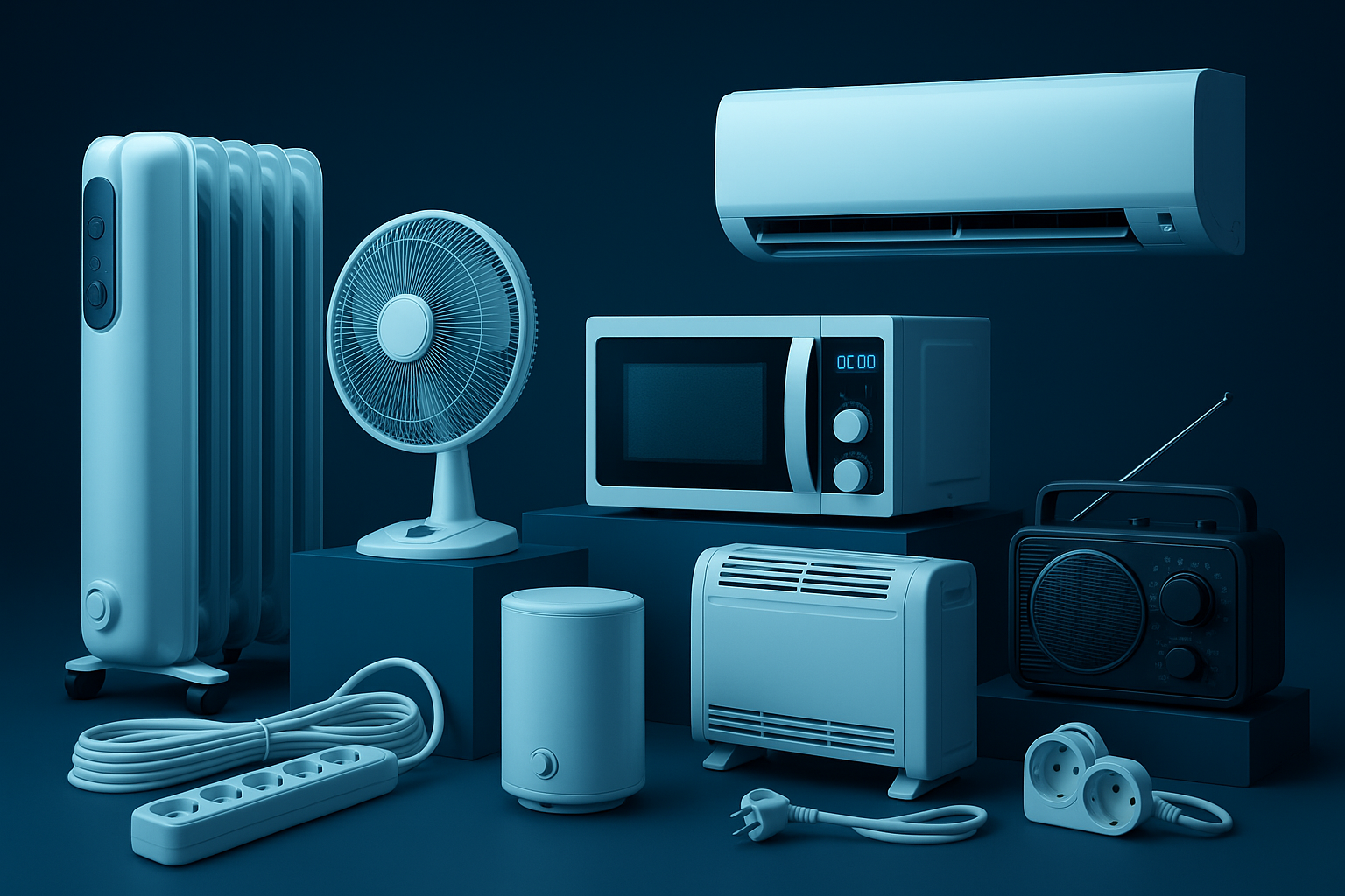 Széles vászonarányú, futurisztikus 3D képen műszaki és háztartási termékek láthatók — például konvektor, ventilátor, mikrohullámú sütő, klíma, hosszabbító és rádió — rendezett kompozícióban, sötétkék háttér előtt.