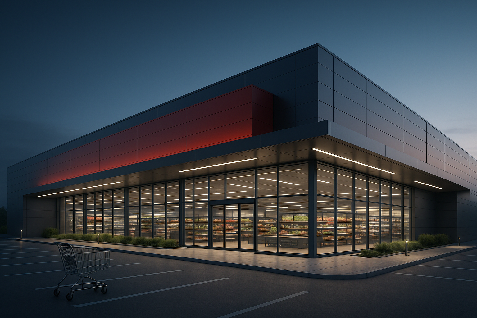 Futurisztikus, 3D-s ábrázolás egy modern, üvegfalú szupermarketről alkonyati megvilágításban; a parkolóban egy bevásárlókocsi áll, a háttérben pedig a polcokon friss áruk és zöldségek látszanak.