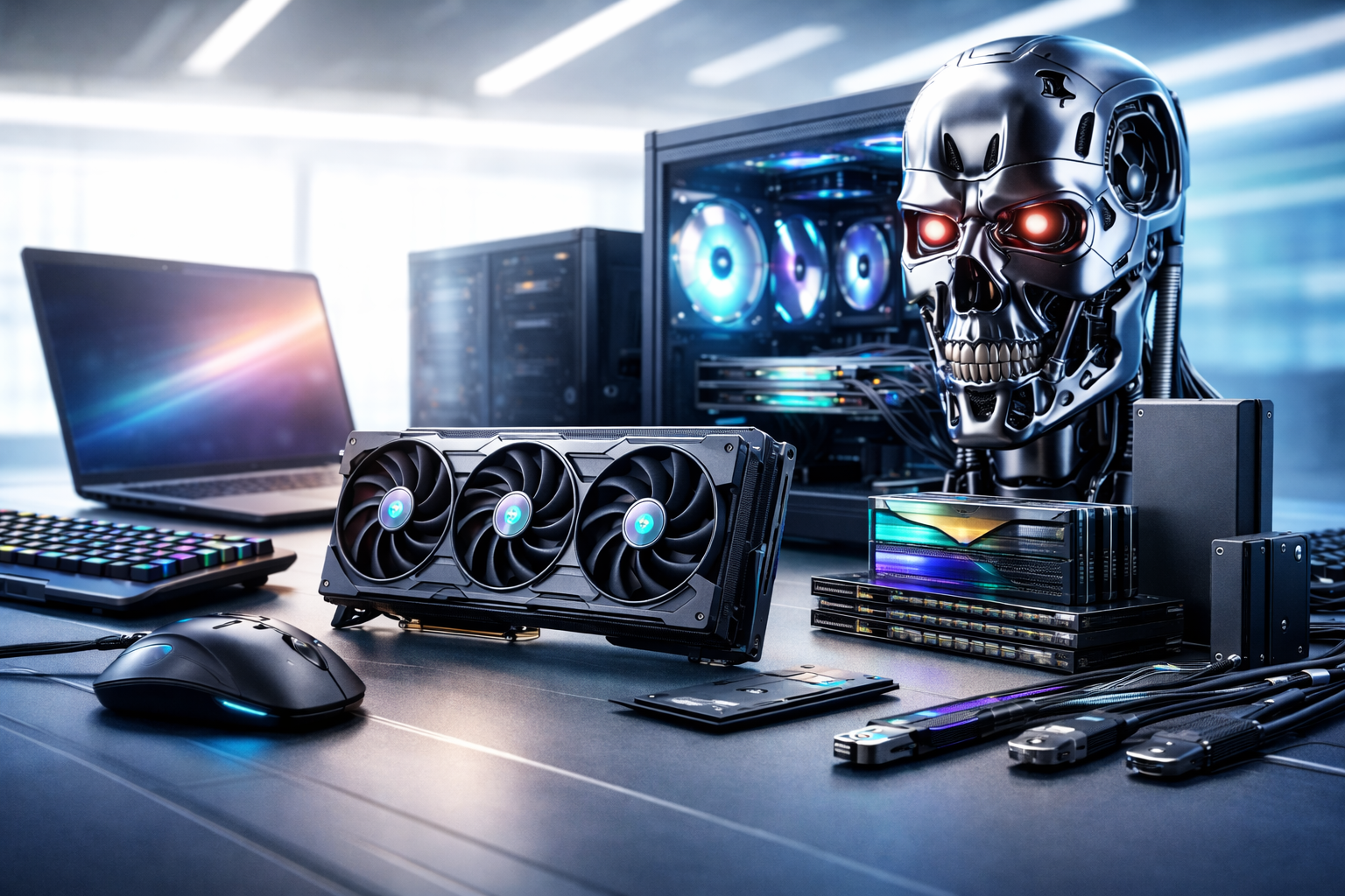 Futurisztikus informatikai nagykereskedelmi borítókép számítógép-alkatrészekkel, modern PC konfigurációval és egy krómozott, emberi alak nélküli terminátor fejjel, világos, technológiai környezetben.